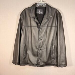 London Fog Mens XL Black Genuine Leather Driving Jacket Button Front Minimalist